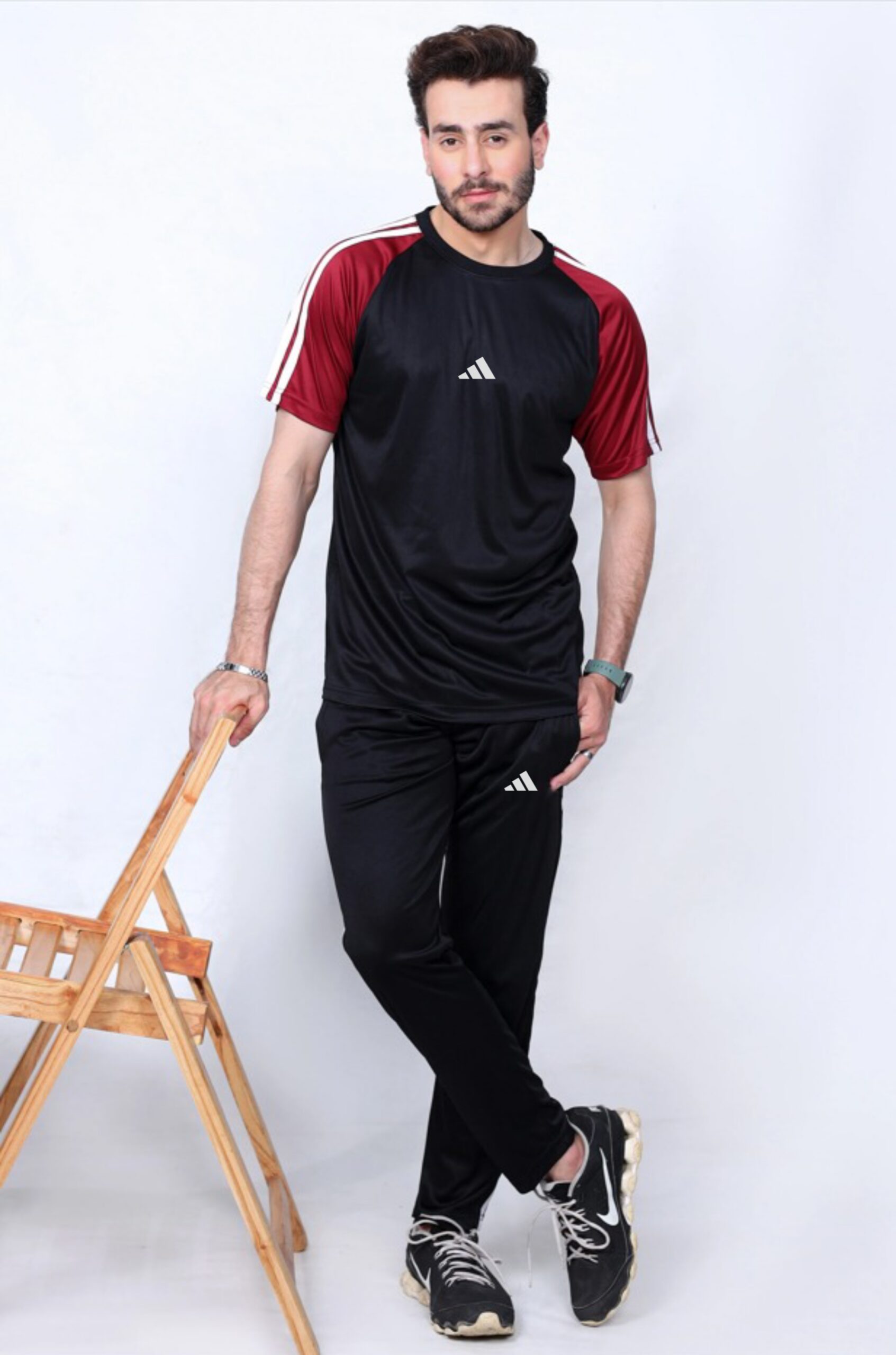 Adidas-Style Summer Tracksuit – Black & Maroon | MF Studio