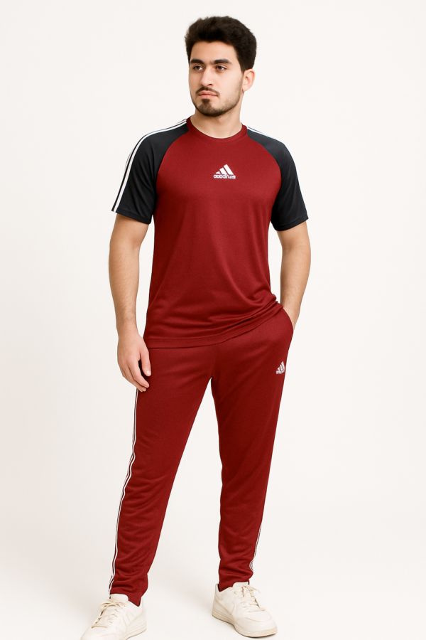 Adidas-Style Summer Tracksuit Maroon & Black – Stylish & Comfortable - Image 3