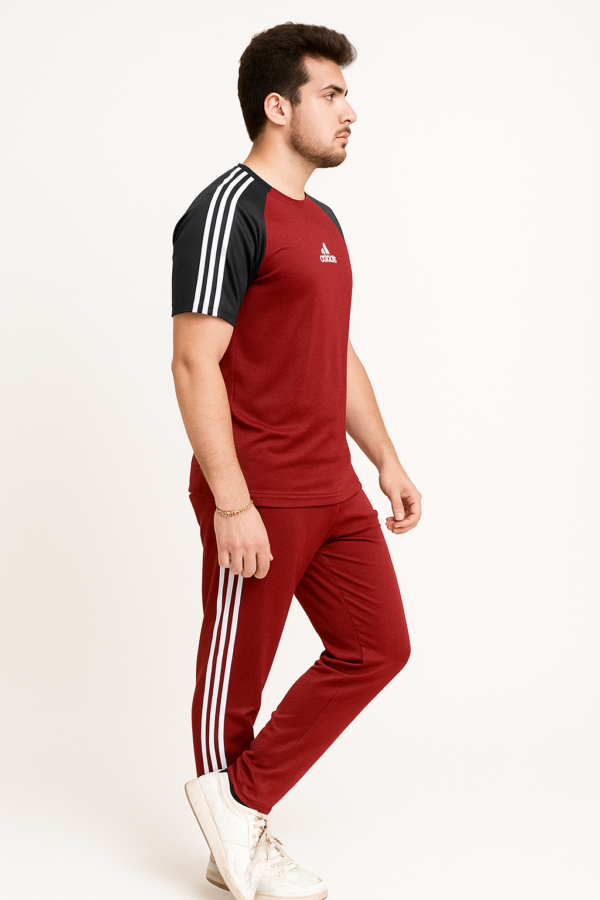 Adidas-Style Summer Tracksuit Maroon & Black – Stylish & Comfortable - Image 2