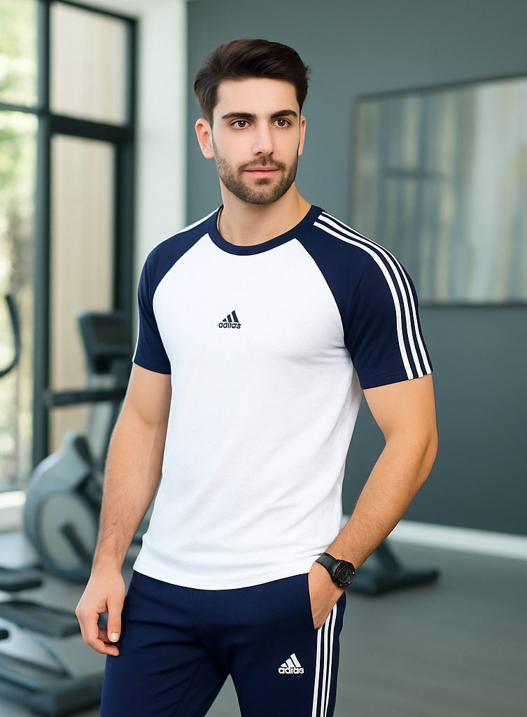 Adidas-Style Summer Tracksuit – White & Navy Blue | MF Studio