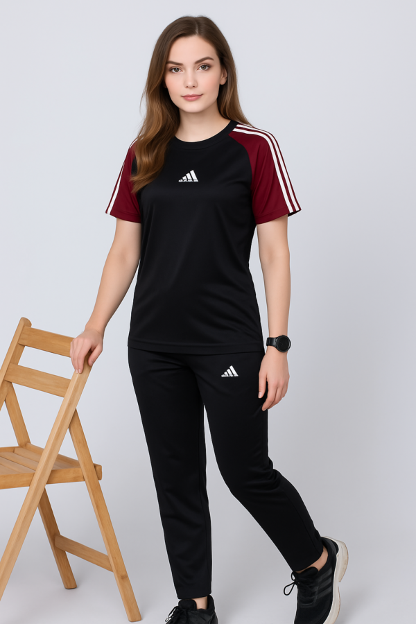 Black & Maroon Girls Tracksuit – Trendy Adidas-Style Gymwear Set for Teens | 2-Piece Outfit - Image 4