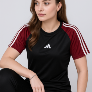 Black & Maroon Girls Tracksuit – Trendy Adidas-Style Gymwear Set for Teens | 2-Piece Outfit