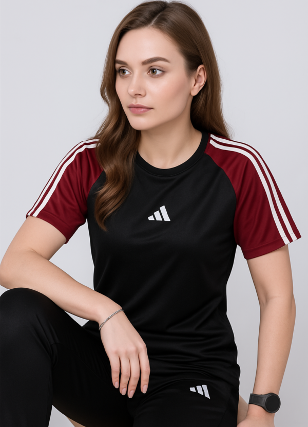 Black & Maroon Girls Tracksuit – Trendy Adidas-Style Gymwear Set for Teens | 2-Piece Outfit
