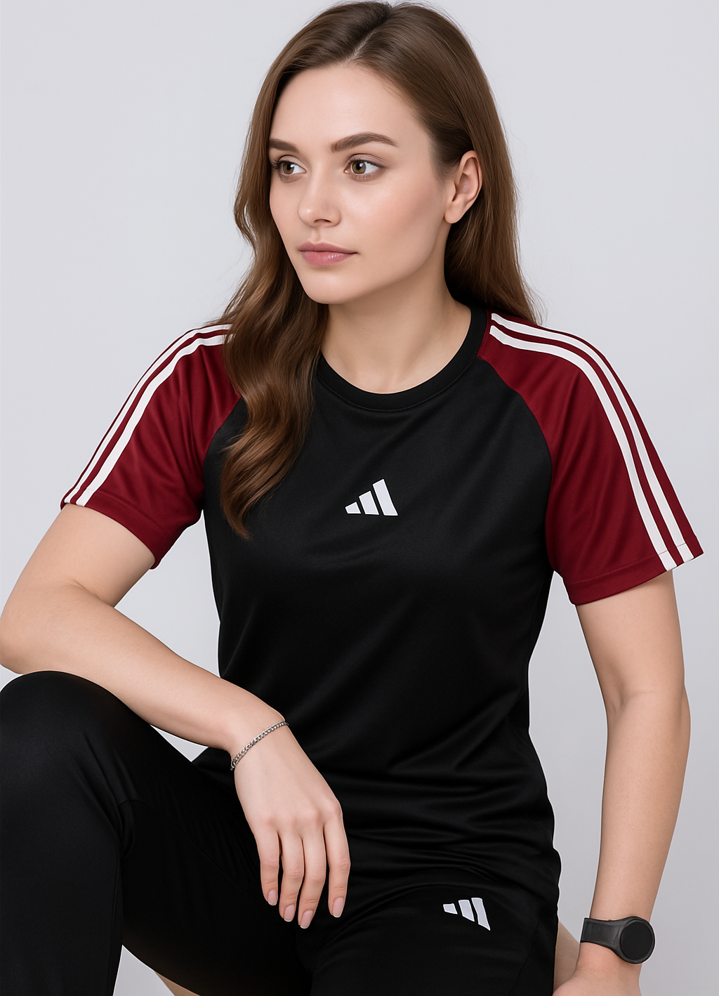 Black & Maroon Girls Tracksuit – Trendy Adidas-Style Gymwear Set for Teens | 2-Piece Outfit