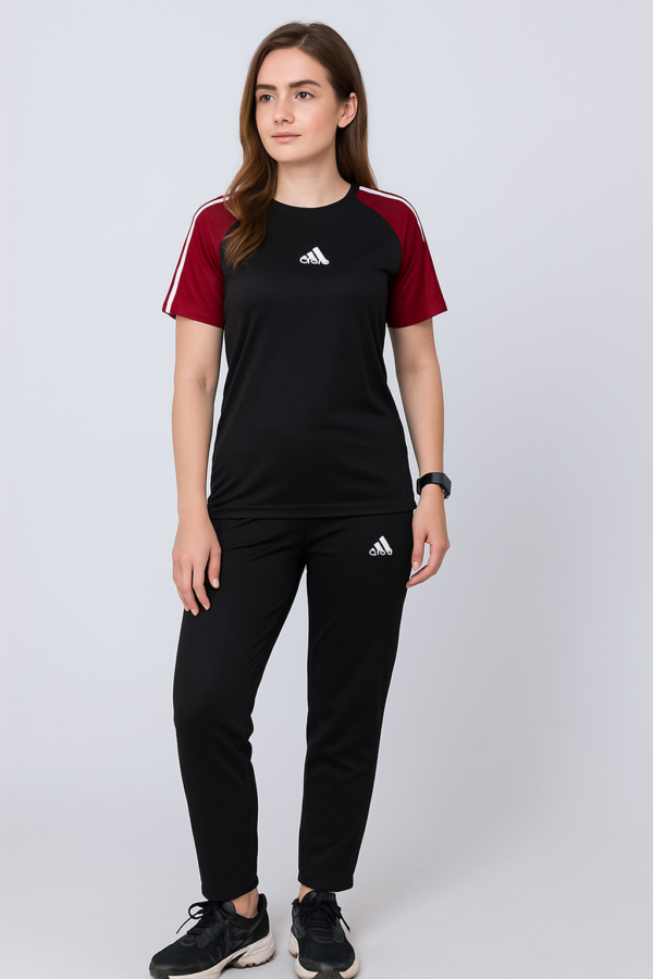Black & Maroon Girls Tracksuit – Trendy Adidas-Style Gymwear Set for Teens | 2-Piece Outfit - Image 2
